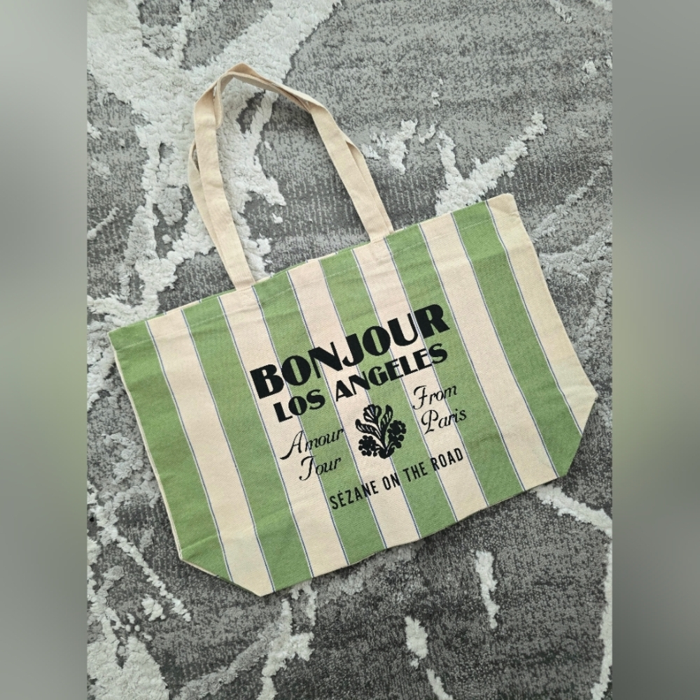 Sezane Bonjour Los Angeles Green and Cream Fabric Tote bag